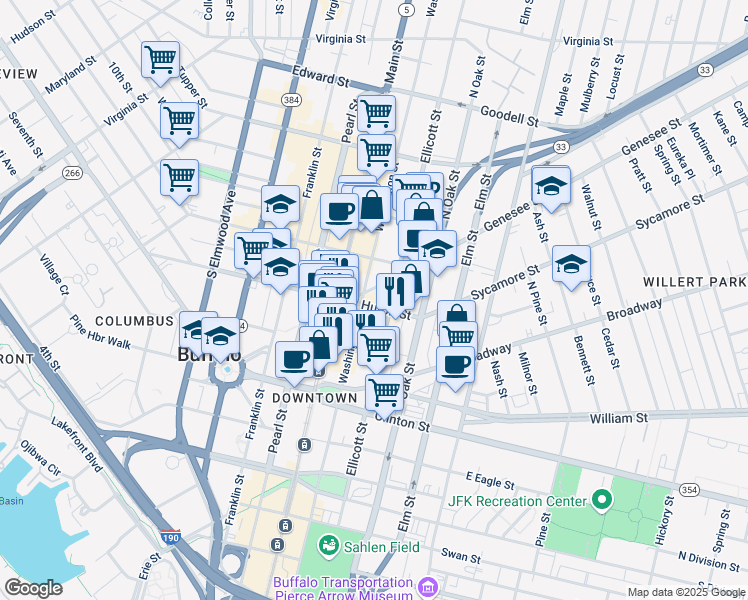 map of restaurants, bars, coffee shops, grocery stores, and more near 535 Washington Street in Buffalo