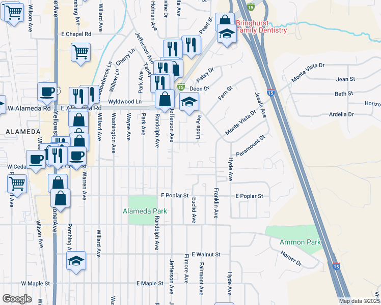 map of restaurants, bars, coffee shops, grocery stores, and more near 750 Filmore Avenue in Pocatello