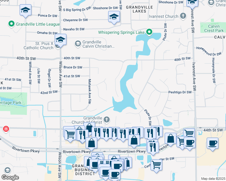 map of restaurants, bars, coffee shops, grocery stores, and more near 4203 Eagle Rock Court in Grandville