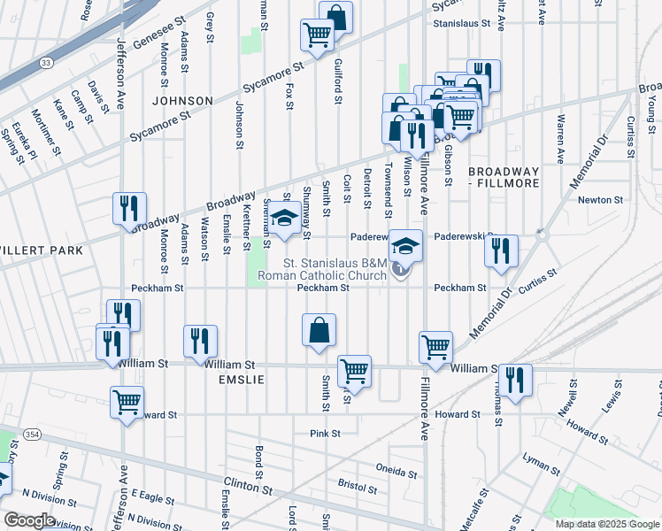 map of restaurants, bars, coffee shops, grocery stores, and more near 993 Smith Street in Buffalo