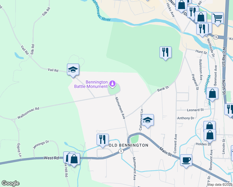 map of restaurants, bars, coffee shops, grocery stores, and more near Monument Circle in Bennington