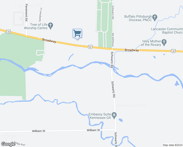 map of restaurants, bars, coffee shops, grocery stores, and more near 6026 Broadway in Lancaster