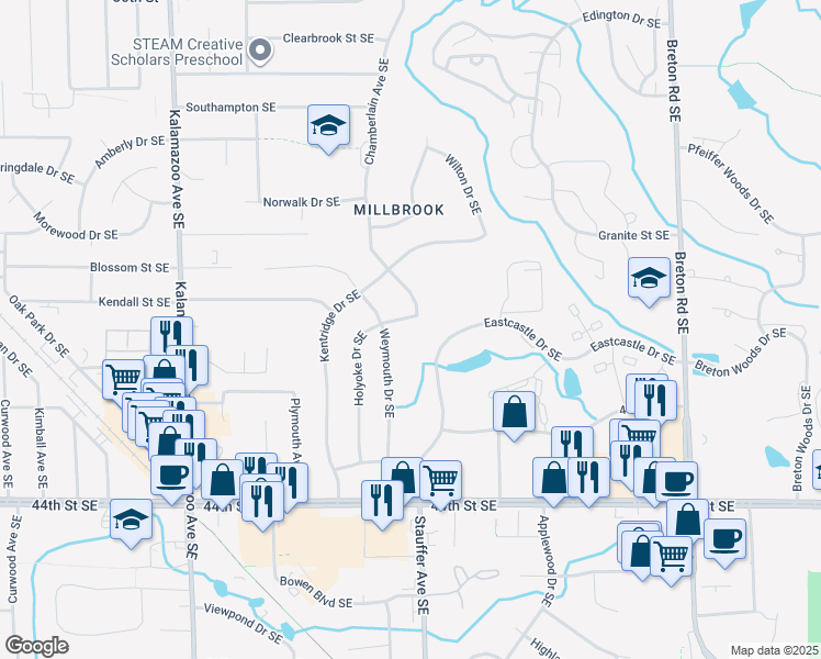 map of restaurants, bars, coffee shops, grocery stores, and more near 2063 Eastcastle Drive Southeast in Grand Rapids