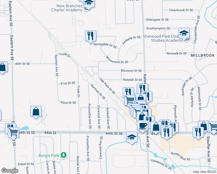 map of restaurants, bars, coffee shops, grocery stores, and more near 4142 Oak Park Drive Southeast in Grand Rapids