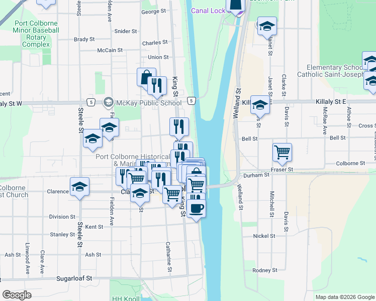 map of restaurants, bars, coffee shops, grocery stores, and more near 321 King Street in Port Colborne