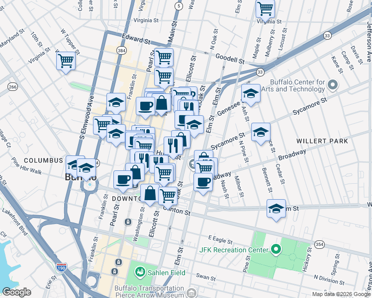 map of restaurants, bars, coffee shops, grocery stores, and more near 260 Oak Street in Buffalo