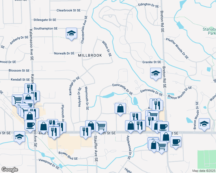 map of restaurants, bars, coffee shops, grocery stores, and more near 2072 Eastcastle Drive Southeast in Grand Rapids