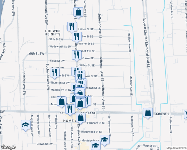 map of restaurants, bars, coffee shops, grocery stores, and more near 136 Bellevue Street Southeast in Grand Rapids