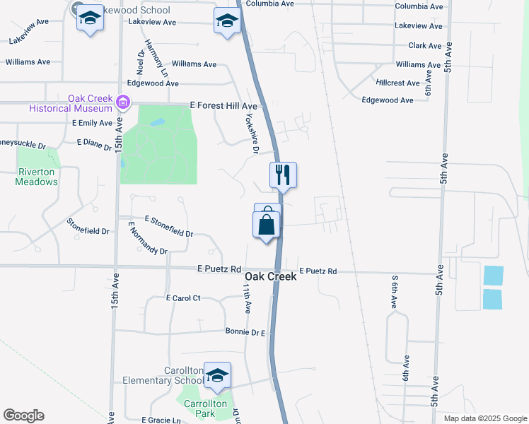 map of restaurants, bars, coffee shops, grocery stores, and more near 8541 South Chicago Road in Oak Creek