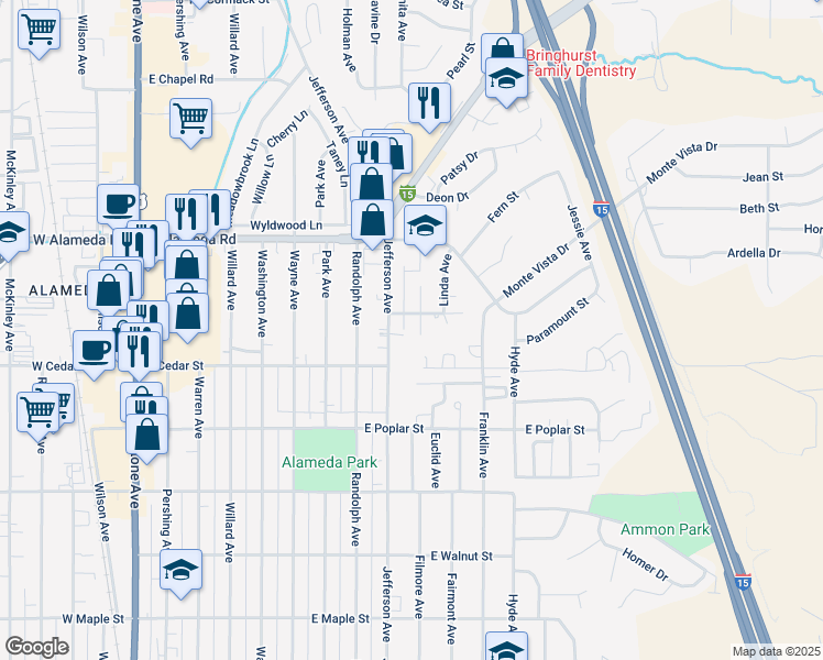 map of restaurants, bars, coffee shops, grocery stores, and more near 906 Redwood Street in Pocatello