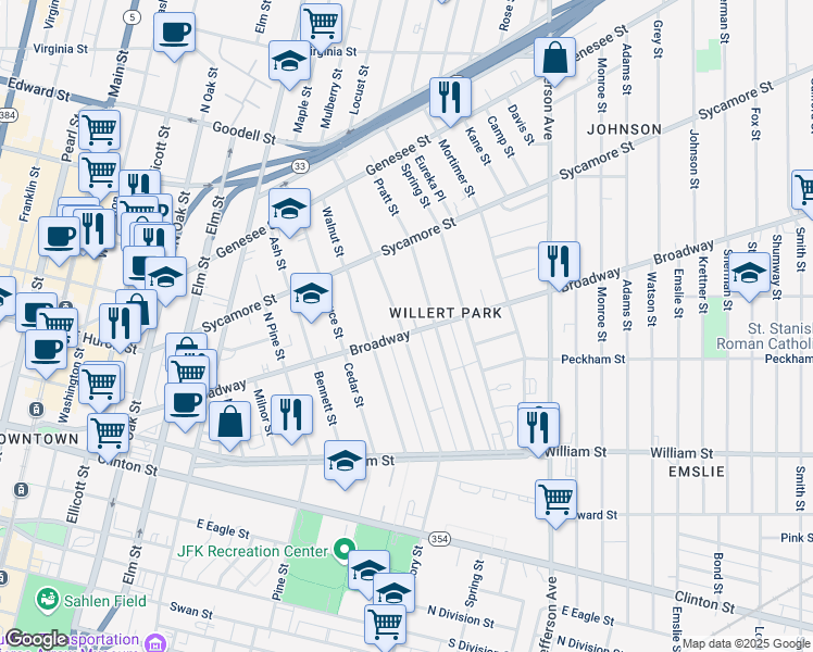 map of restaurants, bars, coffee shops, grocery stores, and more near 391 Hickory Street in Buffalo