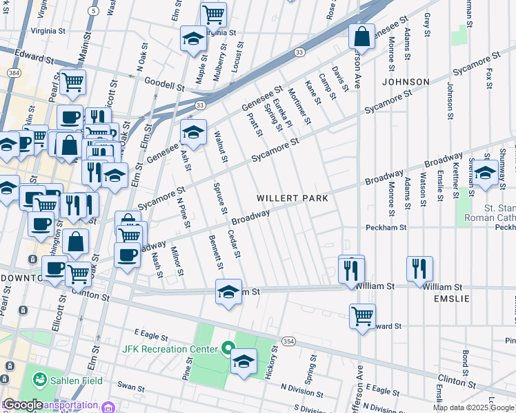 map of restaurants, bars, coffee shops, grocery stores, and more near 391 Hickory Street in Buffalo