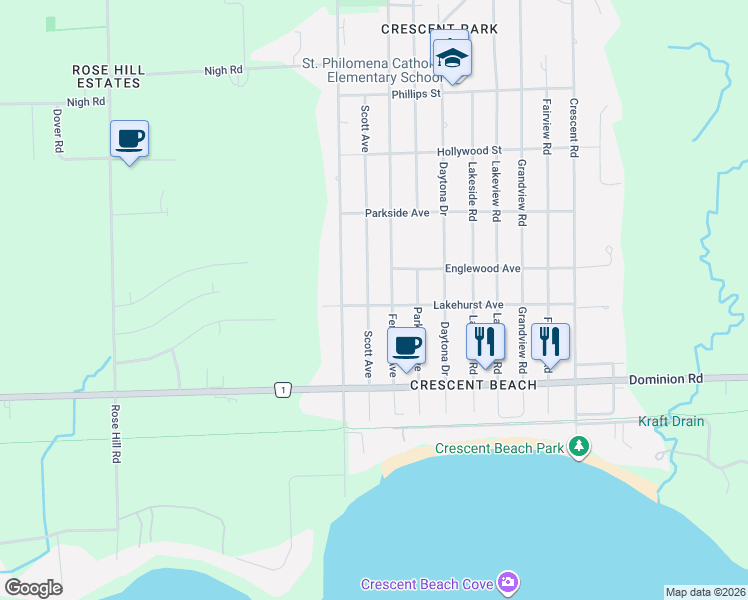 map of restaurants, bars, coffee shops, grocery stores, and more near 502 Scott Avenue in Fort Erie
