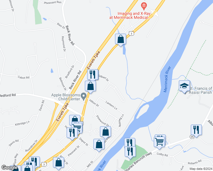 map of restaurants, bars, coffee shops, grocery stores, and more near 5 Gilbert Drive in Merrimack