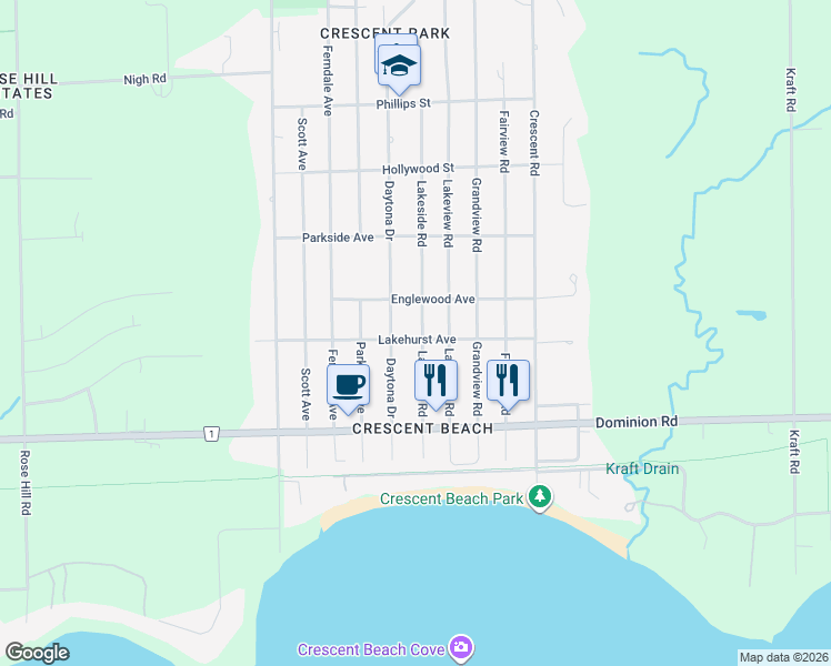 map of restaurants, bars, coffee shops, grocery stores, and more near in Fort Erie
