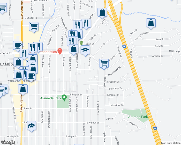 map of restaurants, bars, coffee shops, grocery stores, and more near 1043 Redwood Street in Pocatello