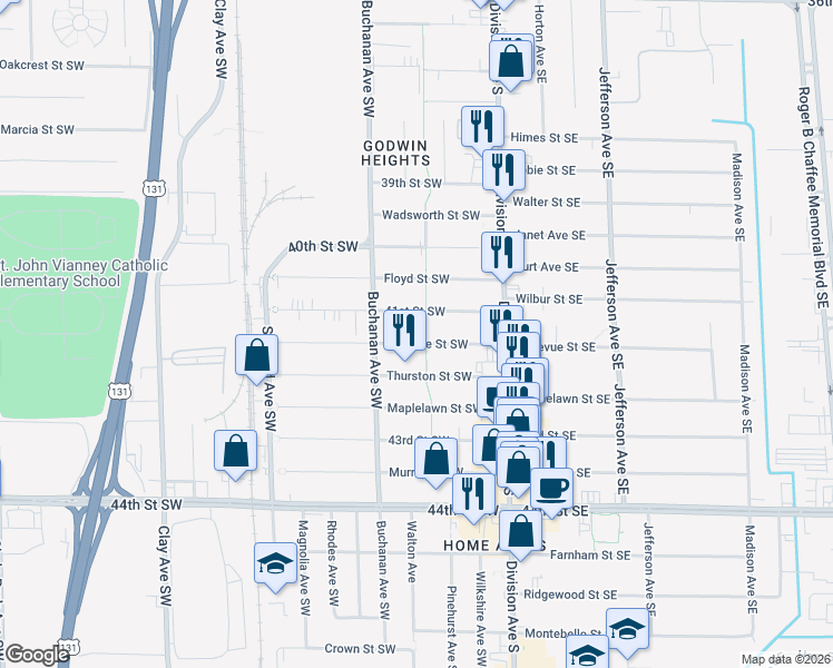 map of restaurants, bars, coffee shops, grocery stores, and more near 136 41st Street Southwest in Grand Rapids