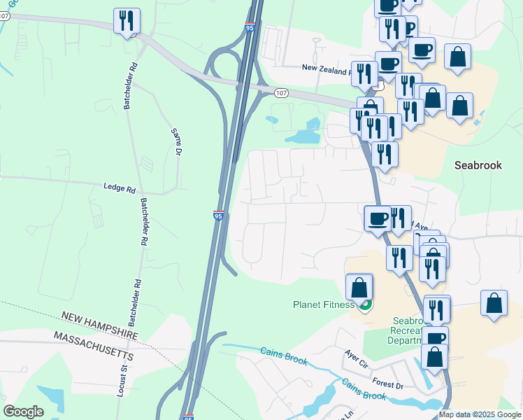 map of restaurants, bars, coffee shops, grocery stores, and more near 99 Lillian Avenue in Seabrook