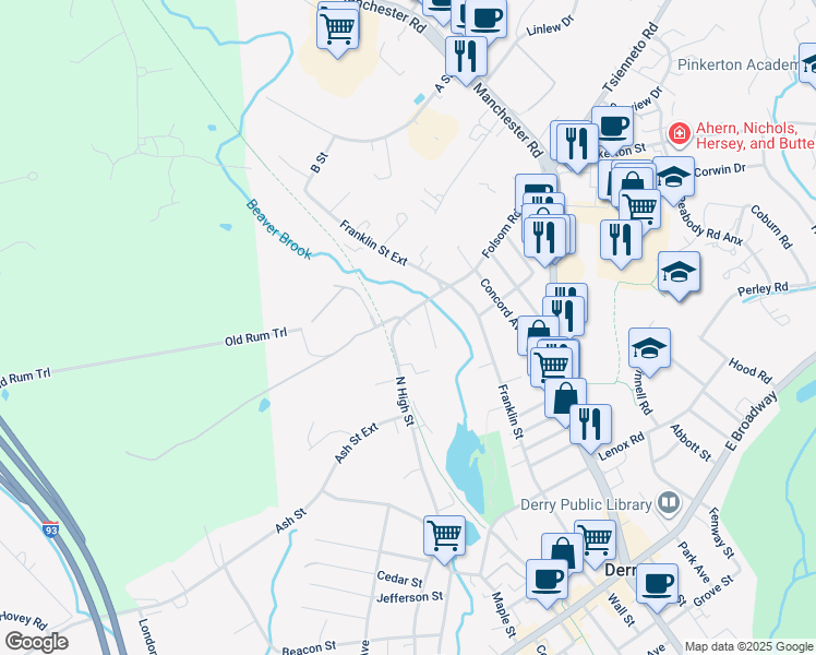 map of restaurants, bars, coffee shops, grocery stores, and more near 97 North High Street in Derry