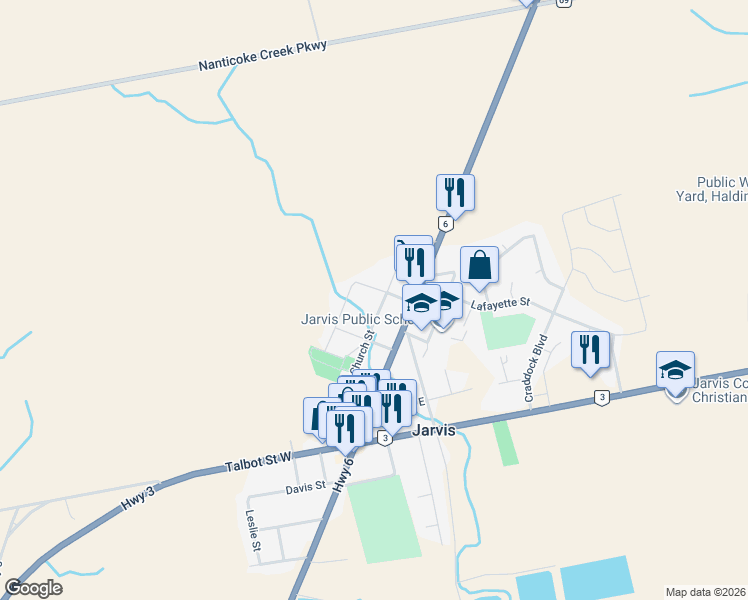 map of restaurants, bars, coffee shops, grocery stores, and more near 47 Church Street in Jarvis