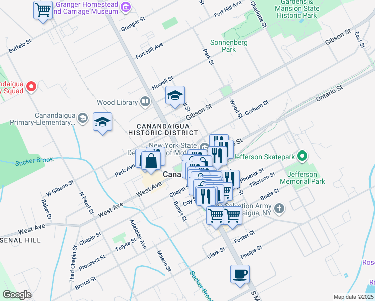 map of restaurants, bars, coffee shops, grocery stores, and more near 12 Gorham Street in Canandaigua