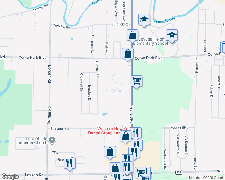 map of restaurants, bars, coffee shops, grocery stores, and more near 5050 Transit Road in Depew