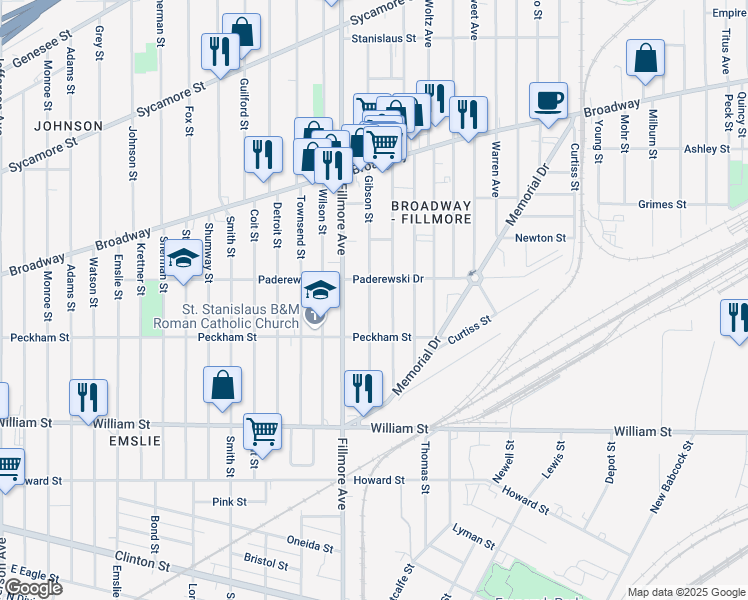 map of restaurants, bars, coffee shops, grocery stores, and more near 275 Paderewski Drive in Buffalo
