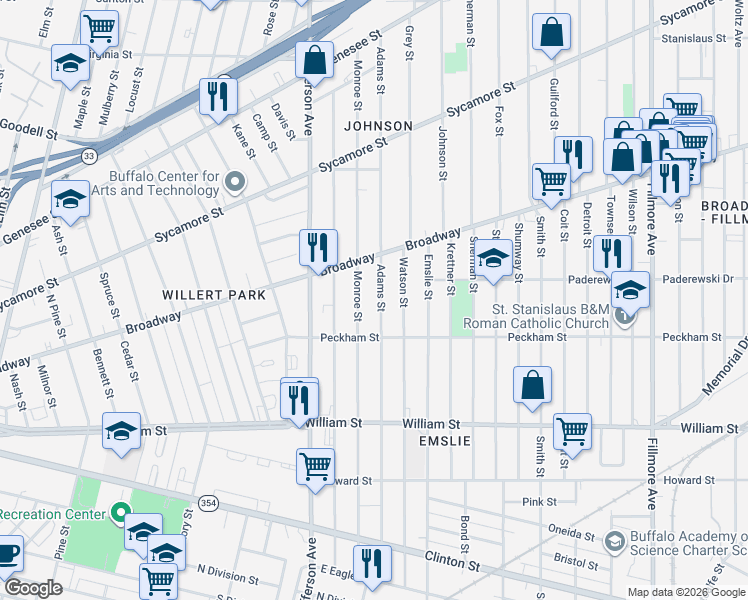 map of restaurants, bars, coffee shops, grocery stores, and more near 343 Adams Street in Buffalo