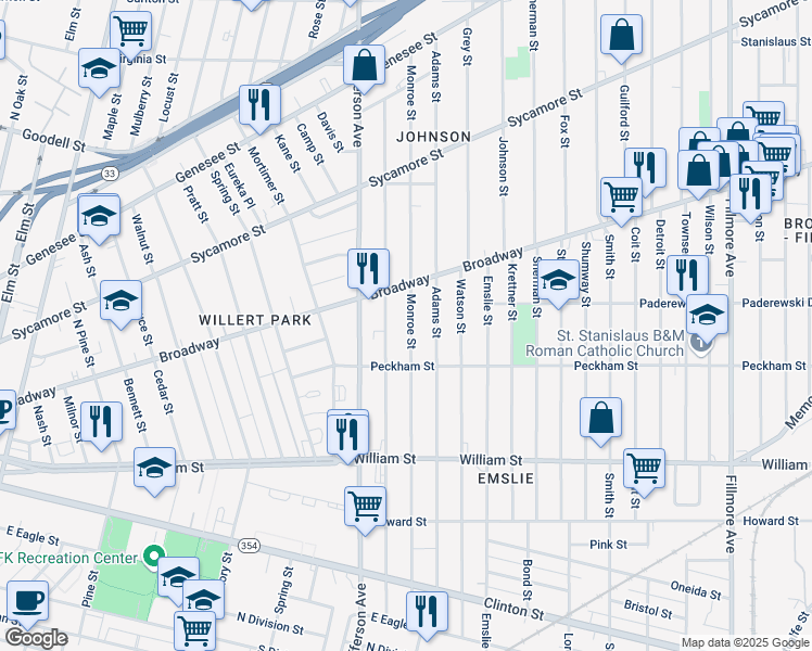 map of restaurants, bars, coffee shops, grocery stores, and more near 340 Monroe Street in Buffalo