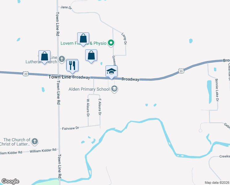 map of restaurants, bars, coffee shops, grocery stores, and more near 11197 Broadway in Alden