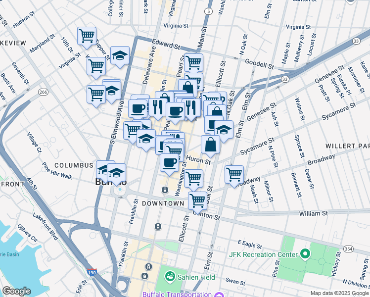 map of restaurants, bars, coffee shops, grocery stores, and more near 1 Fountain Plaza in Buffalo