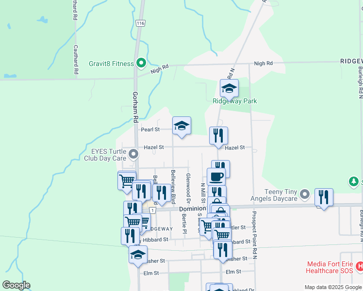 map of restaurants, bars, coffee shops, grocery stores, and more near 3770 Hazel St in Fort Erie