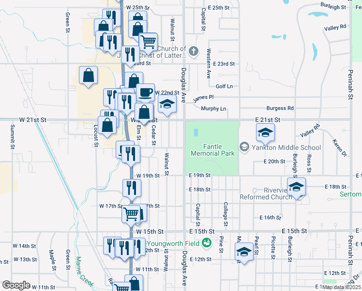 map of restaurants, bars, coffee shops, grocery stores, and more near 2000 Douglas Avenue in Yankton
