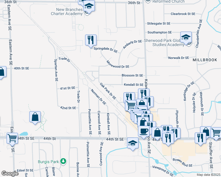 map of restaurants, bars, coffee shops, grocery stores, and more near 4134 Oak Park Drive Southeast in Grand Rapids