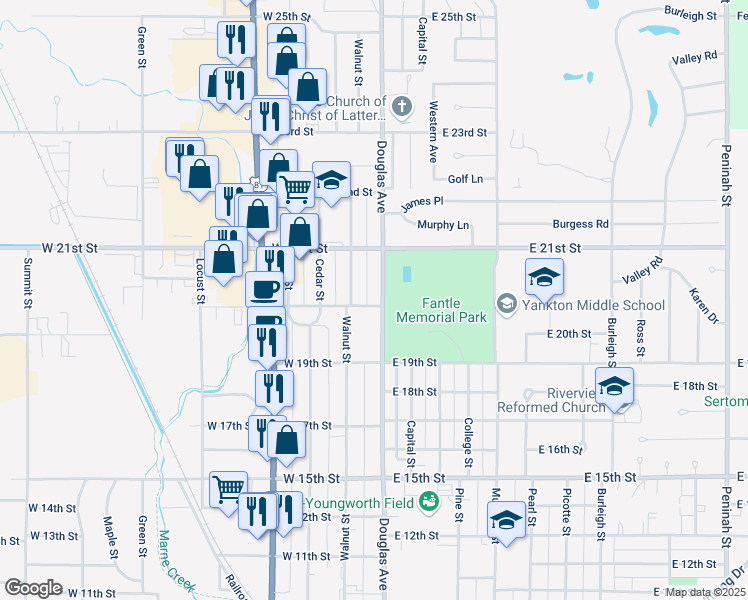 map of restaurants, bars, coffee shops, grocery stores, and more near 2000-2098 Douglas Avenue in Yankton