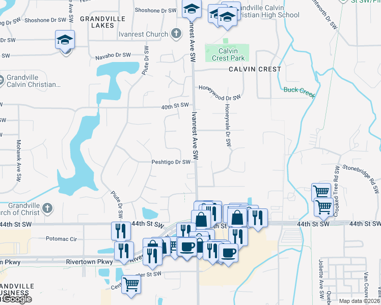 map of restaurants, bars, coffee shops, grocery stores, and more near 4137 Ivanrest Avenue Southwest in Grandville