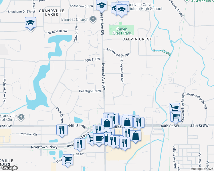 map of restaurants, bars, coffee shops, grocery stores, and more near 4124 Ivanrest Avenue Southwest in Grandville
