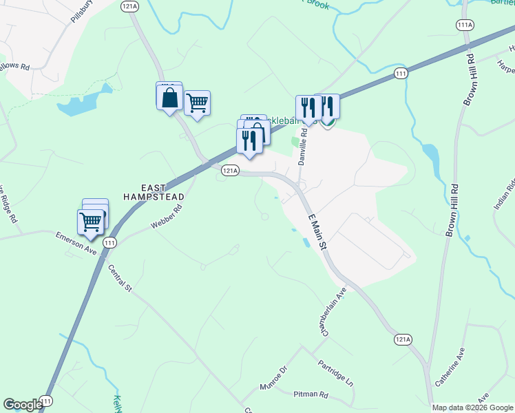 map of restaurants, bars, coffee shops, grocery stores, and more near 20 Aspen Drive in Hampstead