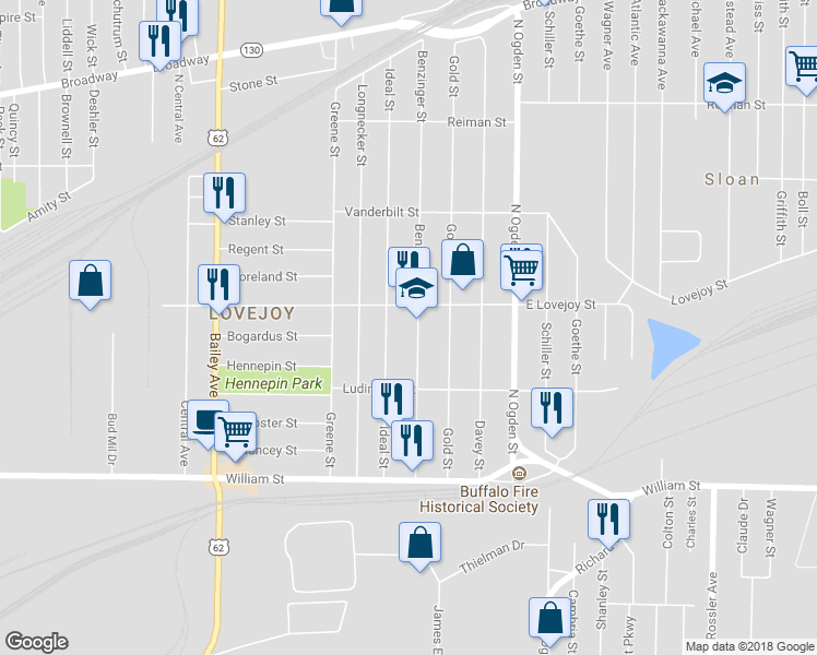map of restaurants, bars, coffee shops, grocery stores, and more near 1113 East Lovejoy Street in Buffalo