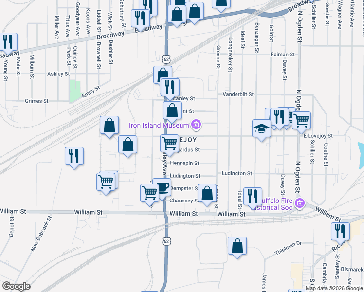 map of restaurants, bars, coffee shops, grocery stores, and more near 957 East Lovejoy Street in Buffalo