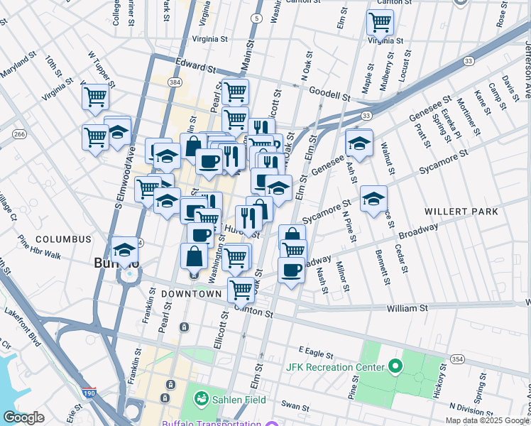 map of restaurants, bars, coffee shops, grocery stores, and more near 111 Genesee Street in Buffalo