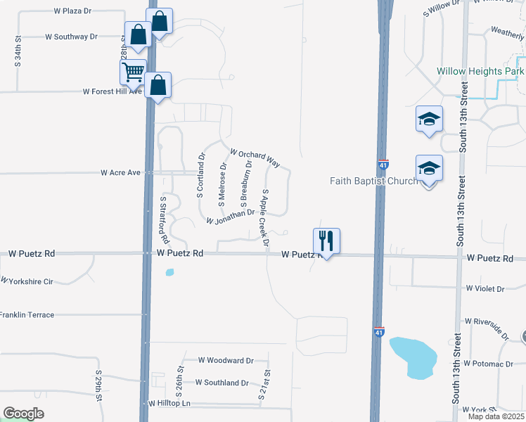 map of restaurants, bars, coffee shops, grocery stores, and more near 8560 South Apple Creek Drive in Oak Creek