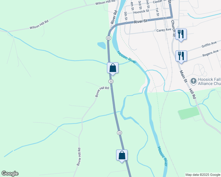 map of restaurants, bars, coffee shops, grocery stores, and more near 21419 New York 22 in Hoosick Falls