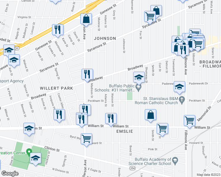 map of restaurants, bars, coffee shops, grocery stores, and more near 338 Watson Street in Buffalo