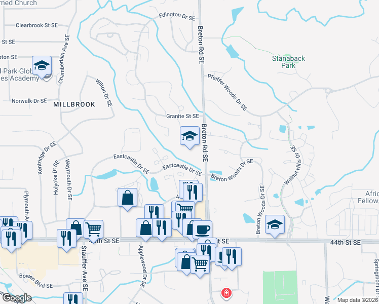 map of restaurants, bars, coffee shops, grocery stores, and more near 4201 Breton Road Southeast in Grand Rapids