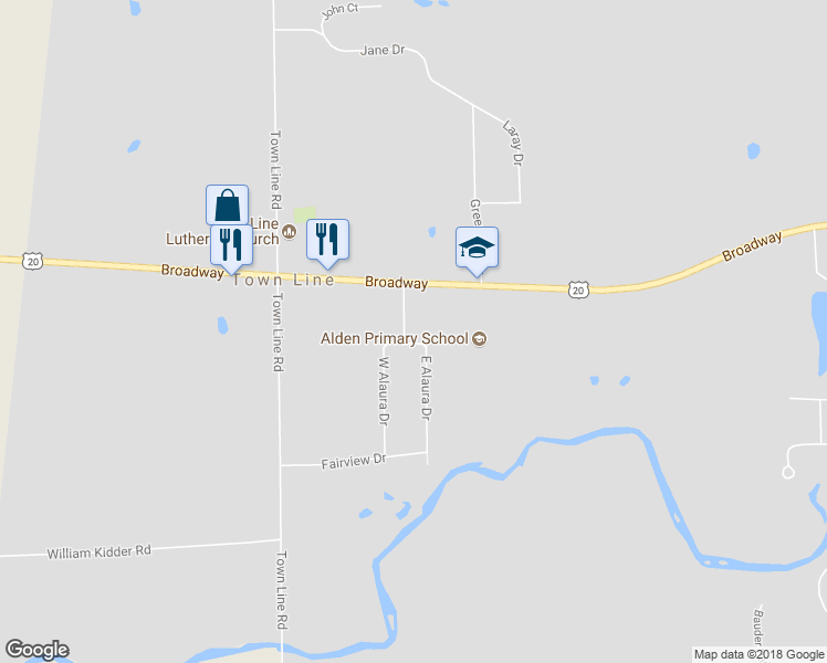 map of restaurants, bars, coffee shops, grocery stores, and more near 11142 Alaura Drive in Alden