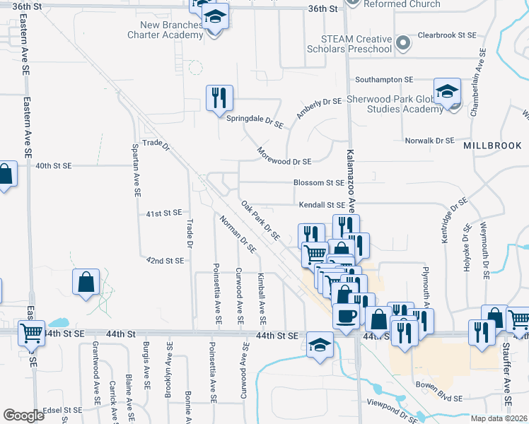 map of restaurants, bars, coffee shops, grocery stores, and more near 1350 Kendall Street Southeast in Grand Rapids