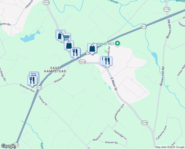 map of restaurants, bars, coffee shops, grocery stores, and more near 20 Aspen Drive in Hampstead