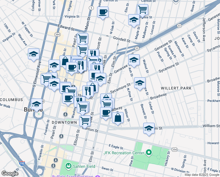 map of restaurants, bars, coffee shops, grocery stores, and more near 291 Elm Street in Buffalo
