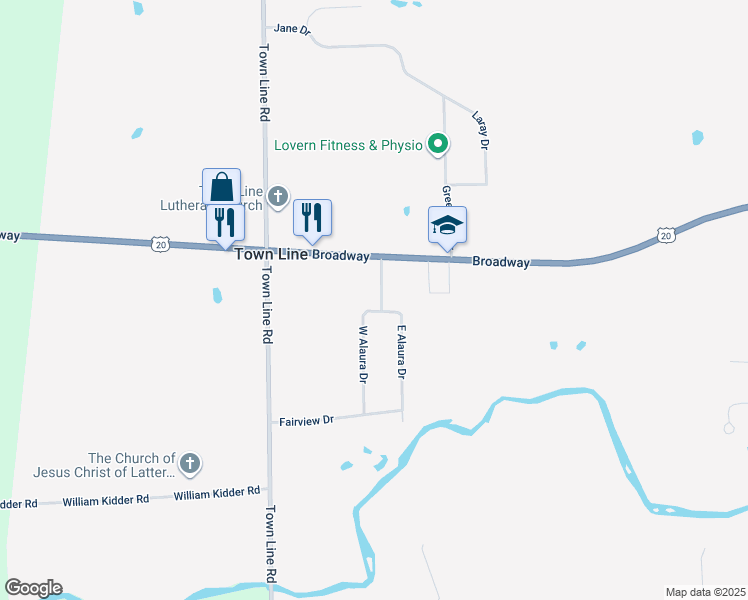 map of restaurants, bars, coffee shops, grocery stores, and more near 11142 Alaura Drive in Alden